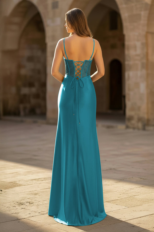 Sheer Corset Peacock Beaded Mermaid Long Formal Dress - KissProm