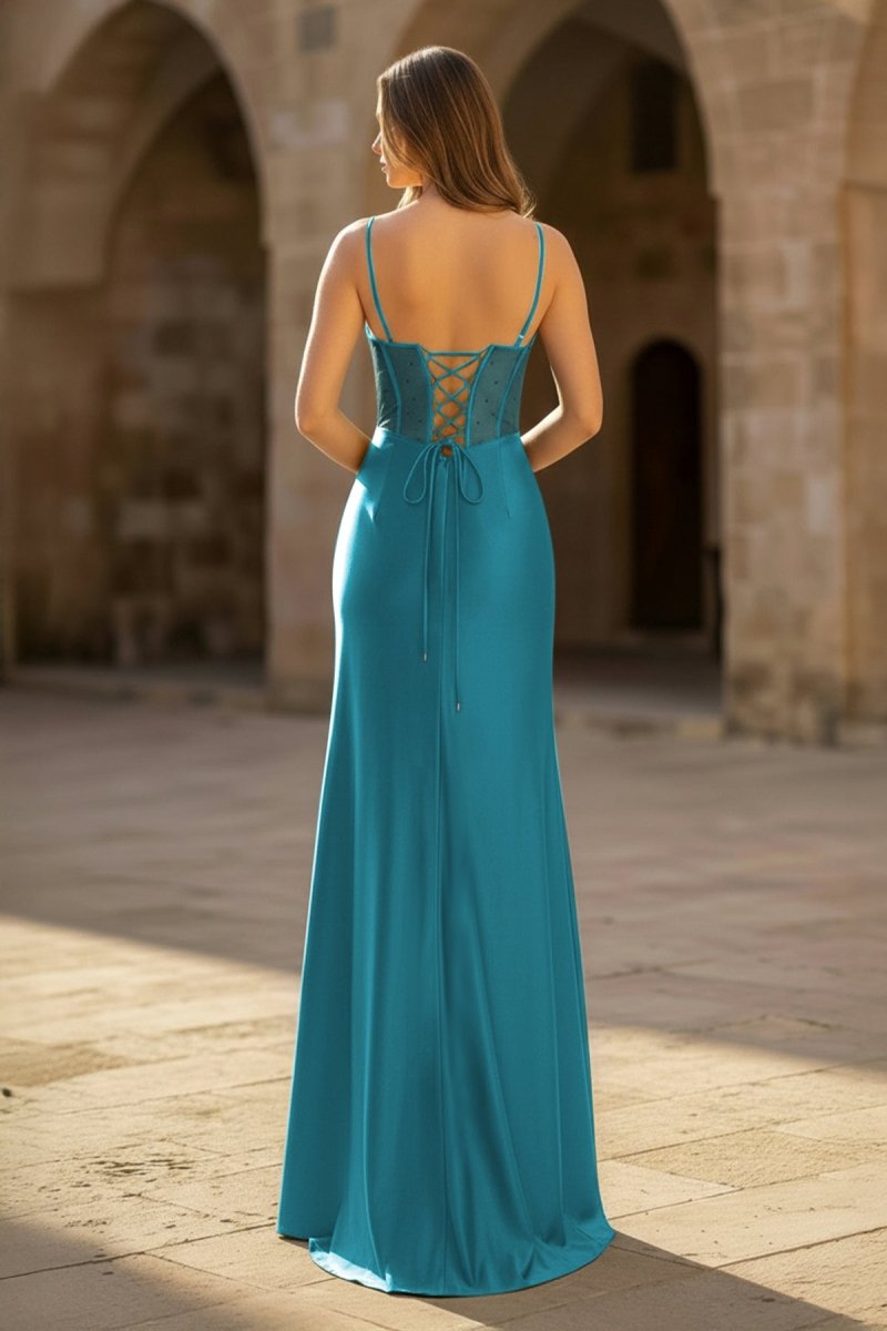 Sheer Corset Dark Green Beaded Mermaid Long Formal Dress Sheer Corset Dark Green Beaded Mermaid Long Formal Dress