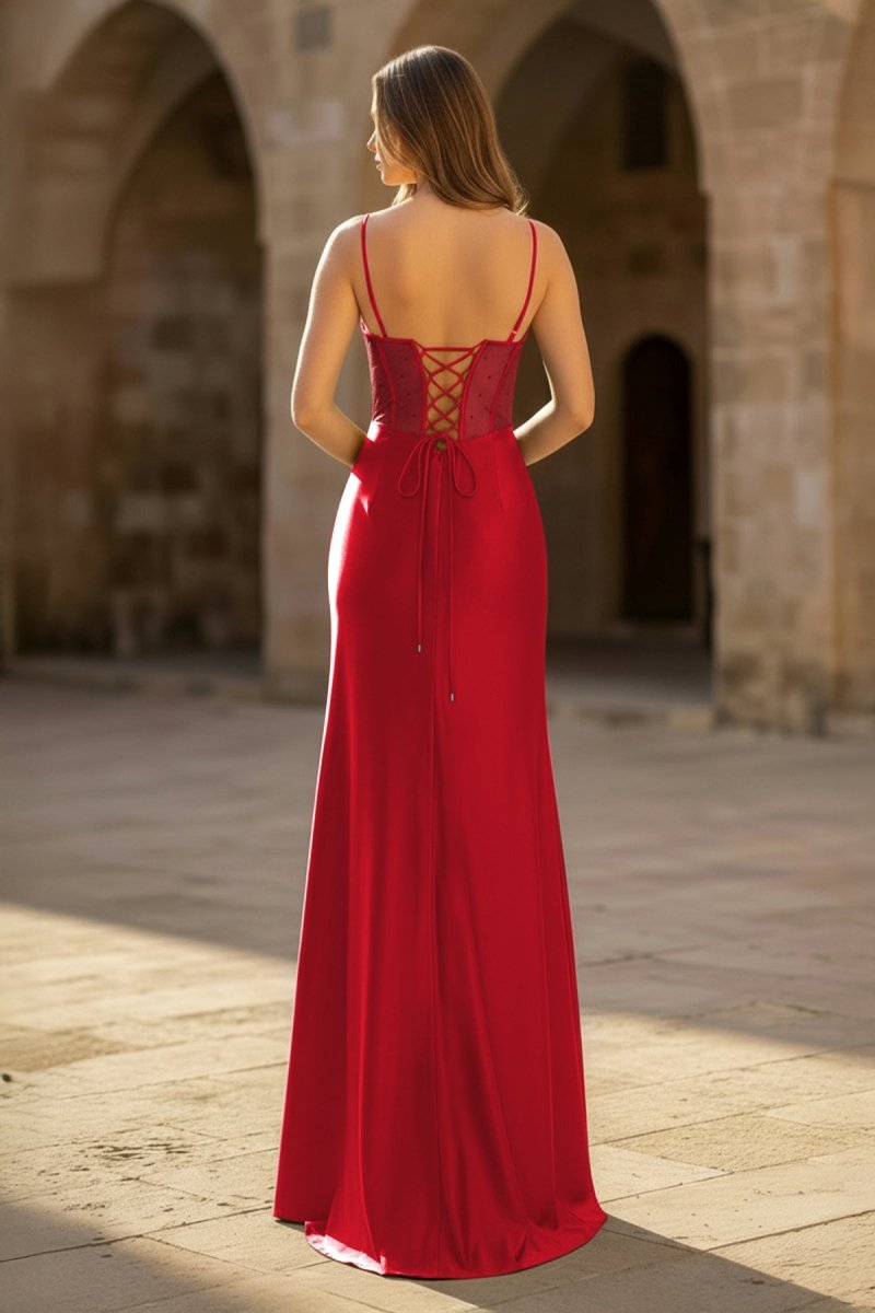 KissProm Sheer Corset Dark Green Beaded Mermaid Long Formal Dress, Burgundy / 16