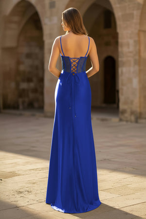 Sheer Corset Royal Blue Beaded Mermaid Long Formal Dress - KissProm
