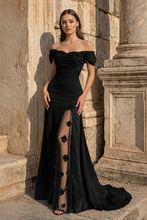 KissProm-Black  Mermaid Off The Shoulder Satin Long Prom Dresses With Flowers