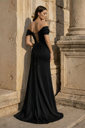 KissProm-Black  Mermaid Off The Shoulder Satin Long Prom Dresses With Flowers