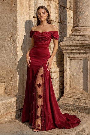 KissProm-Burgundy  Mermaid Off The Shoulder Satin Long Prom Dresses With Flowers