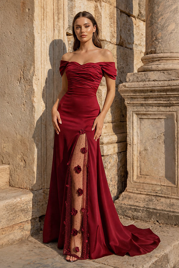 KissProm-Burgundy  Mermaid Off The Shoulder Satin Long Prom Dresses With Flowers