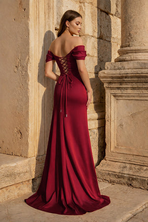 KissProm-Burgundy  Mermaid Off The Shoulder Satin Long Prom Dresses With Flowers