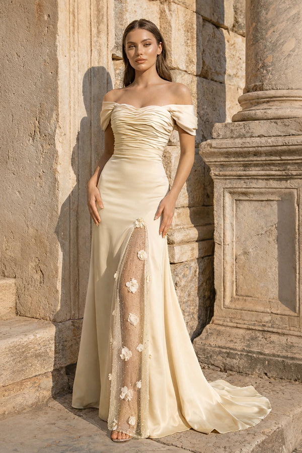 KissProm-Champagne  Mermaid Off The Shoulder Satin Long Prom Dresses With Flowers