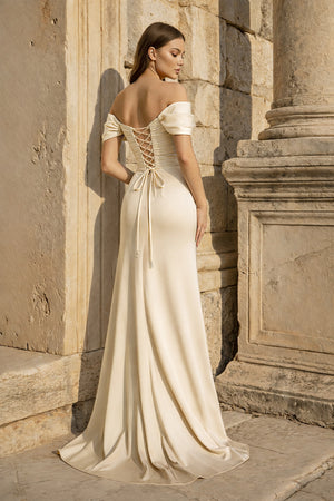 KissProm-Champagne  Mermaid Off The Shoulder Satin Long Prom Dresses With Flowers