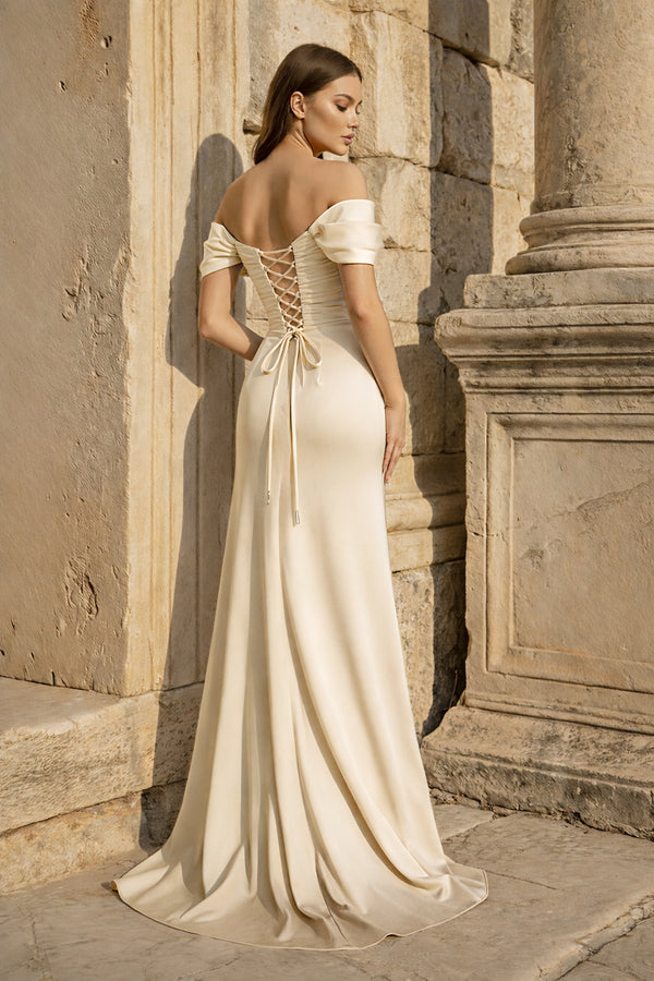 KissProm-Champagne  Mermaid Off The Shoulder Satin Long Prom Dresses With Flowers