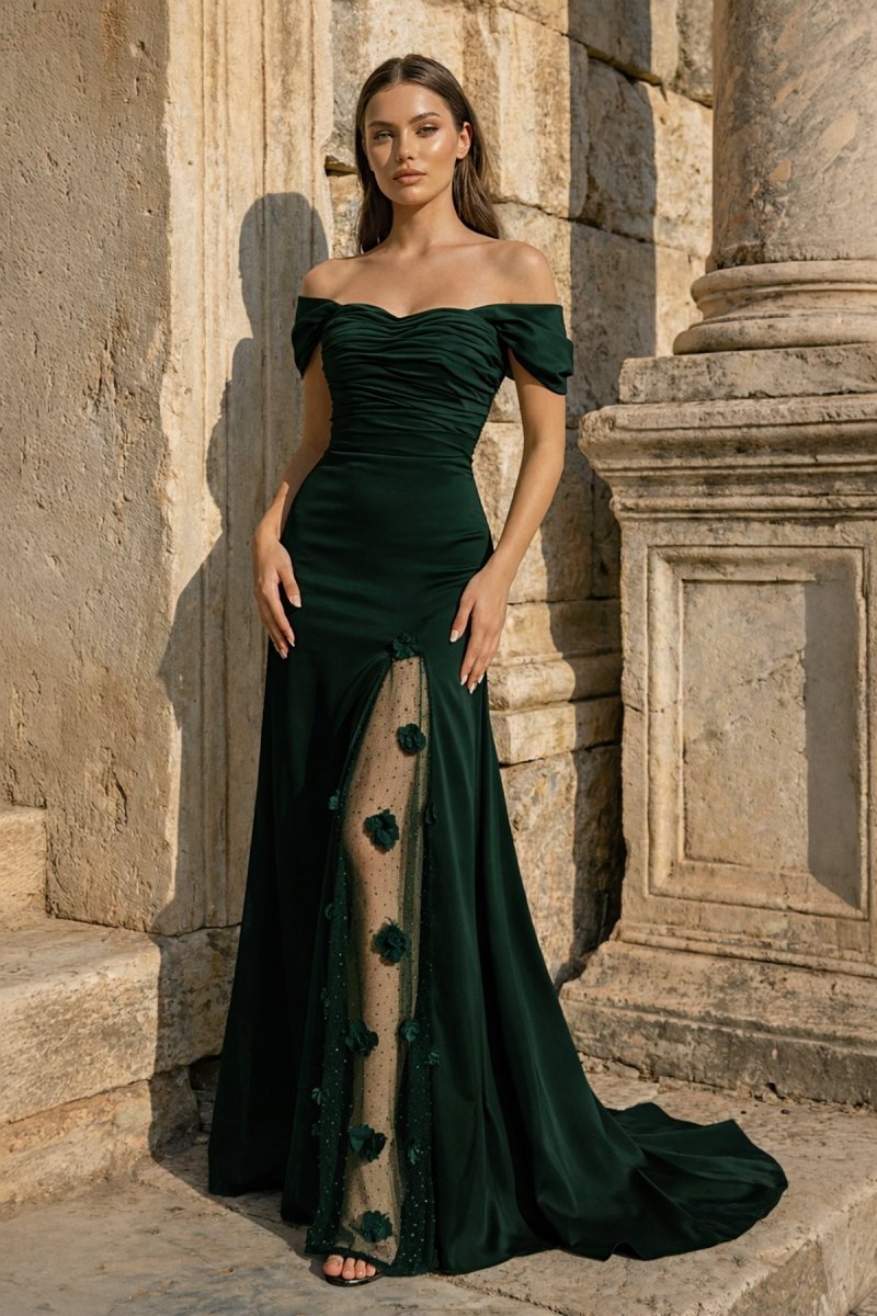 Dark Green Mermaid Off The Shoulder Satin Long Prom Dresses With Flowers - KissProm