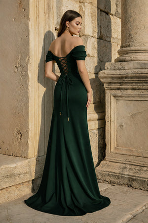 KissProm-Dark Green Mermaid Off The Shoulder Satin Long Prom Dresses With Flowers