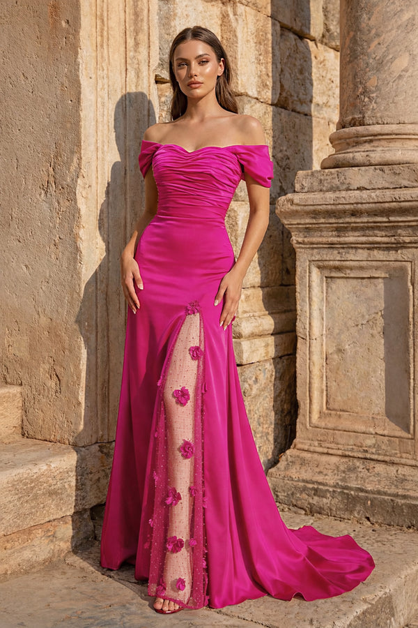 KissProm-Fuchsia Mermaid Off The Shoulder Satin Long Prom Dresses With Flowers