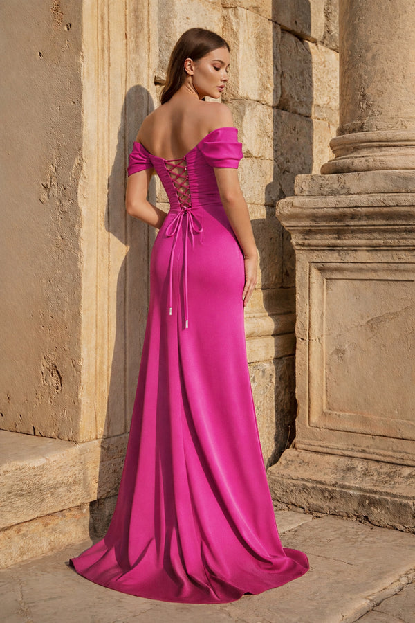 KissProm-Fuchsia Mermaid Off The Shoulder Satin Long Prom Dresses With Flowers