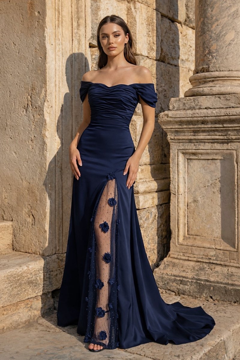 Navy Blue Mermaid Off The Shoulder Satin Long Prom Dresses With Flowers - KissProm