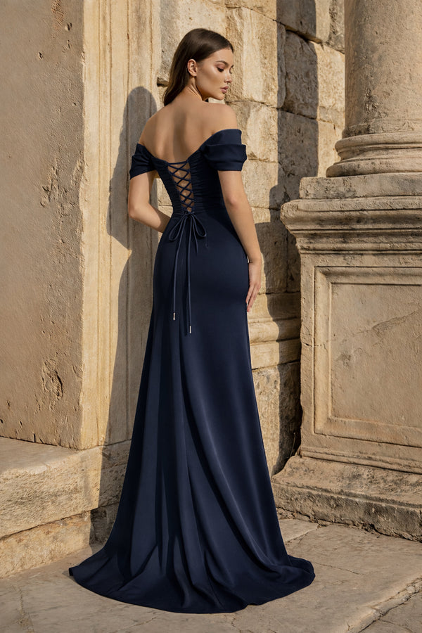 KissProm-Navy Blue Mermaid Off The Shoulder Satin Long Prom Dresses With Flowers