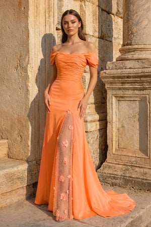 KissProm-Orange Mermaid Off The Shoulder Satin Long Prom Dresses With Flowers