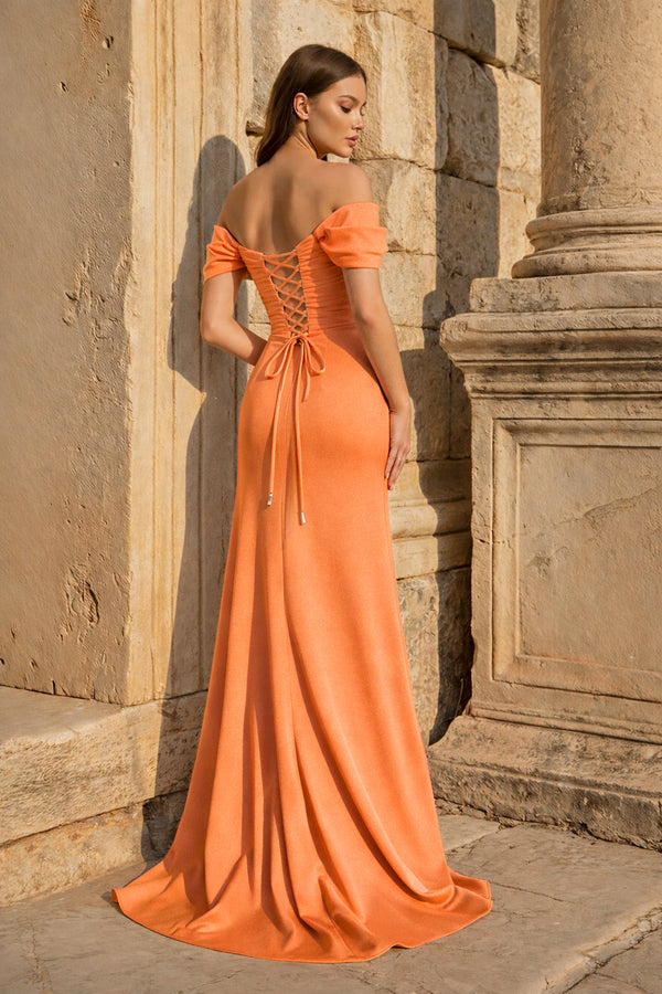 KissProm-Orange Mermaid Off The Shoulder Satin Long Prom Dresses With Flowers