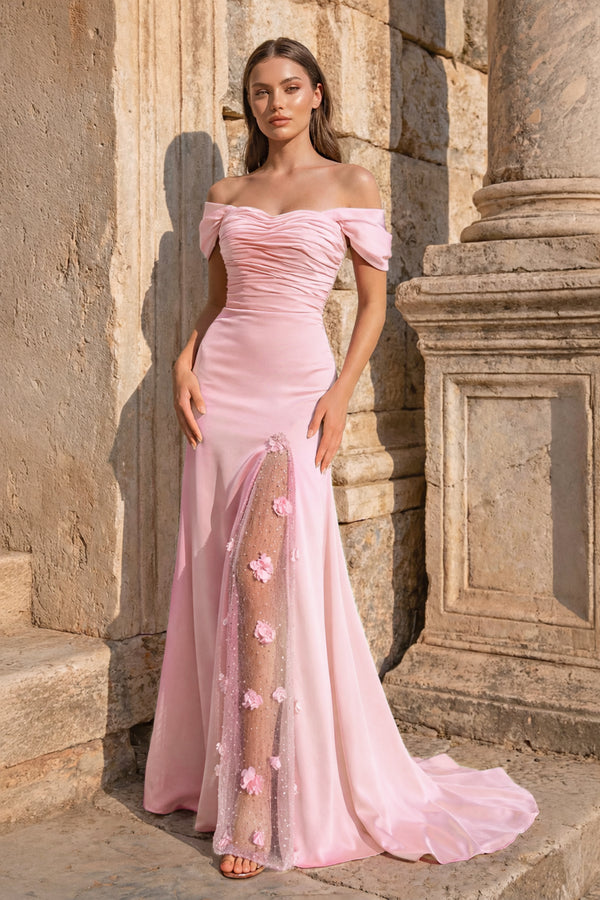 KissProm- Pink Mermaid Off The Shoulder Satin Long Prom Dresses With Flowers
