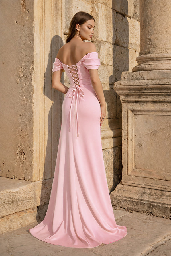 KissProm- Pink Mermaid Off The Shoulder Satin Long Prom Dresses With Flowers