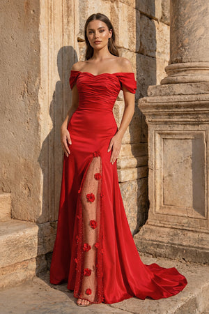 KissProm-Red Mermaid Off The Shoulder Satin Long Prom Dresses With Flowers