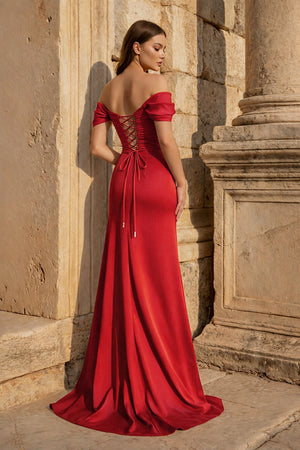 KissProm-Red Mermaid Off The Shoulder Satin Long Prom Dresses With Flowers