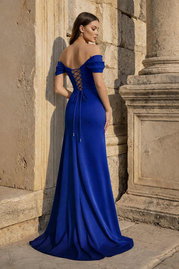 KissProm-Royal Blue Mermaid Off The Shoulder Satin Long Prom Dresses With Flowers