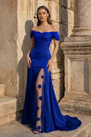 Yellow Mermaid Off The Shoulder Satin Long Prom Dresses With Flowers - KissProm