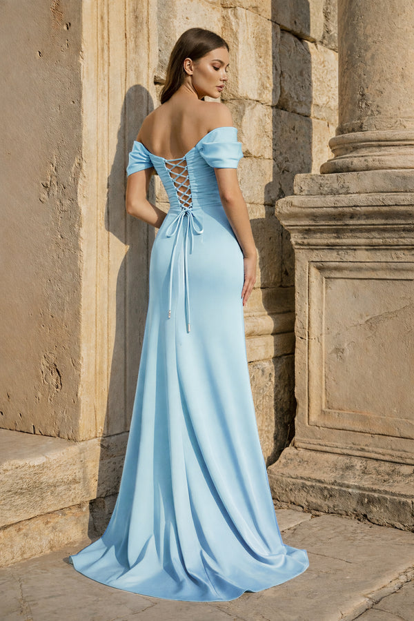KissProm-Sky Blue Mermaid Off The Shoulder Satin Long Prom Dresses With Flowers