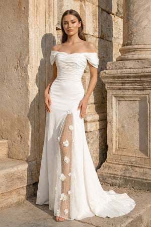 KissProm-White  Mermaid Off The Shoulder Satin Long Prom Dresses With Flowers