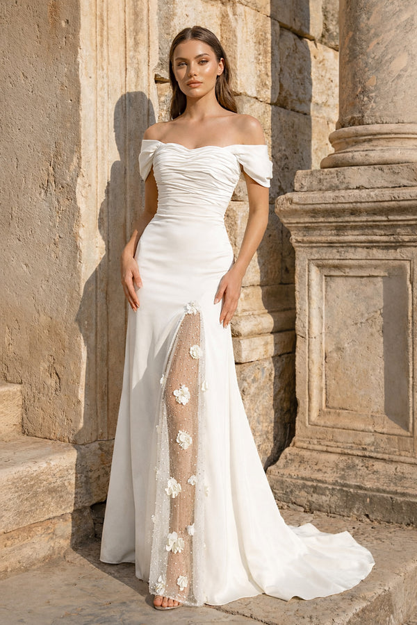 KissProm-White  Mermaid Off The Shoulder Satin Long Prom Dresses With Flowers