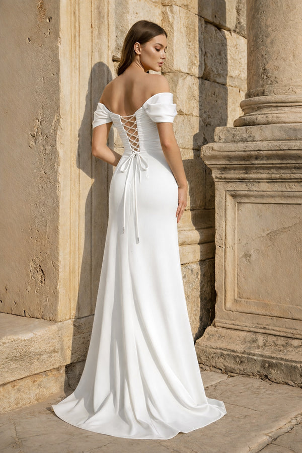 KissProm-White  Mermaid Off The Shoulder Satin Long Prom Dresses With Flowers