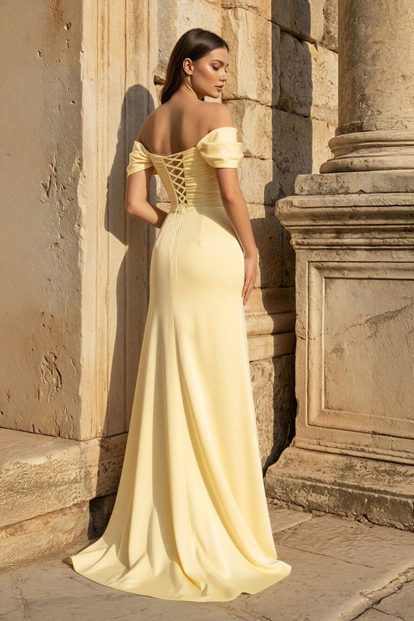 Yellow Mermaid Off The Shoulder Satin Long Prom Dresses With Flowers - KissProm