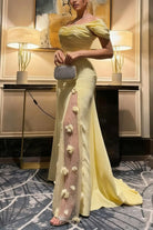 Genira | Yellow - Mermaid Off The Shoulder Satin Long Prom Dresses With Flowers - KissProm