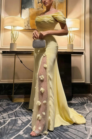 Genira | Yellow - Mermaid Off The Shoulder Satin Long Prom Dresses With Flowers - KissProm