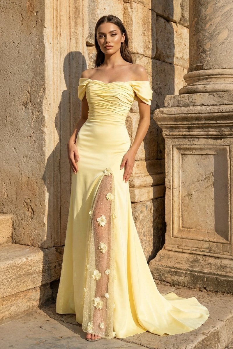 Yellow Mermaid Off The Shoulder Satin Long Prom Dresses With Flowers - KissProm