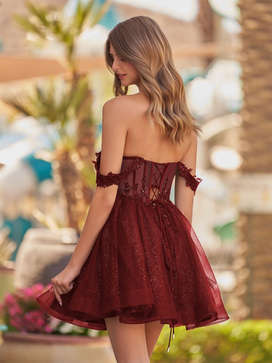 Genoveva | Burgundy - A Line Off the Shoulder Lace Corset Sequined Homecoming Dresses