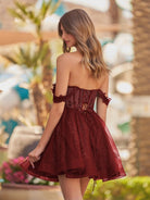 Genoveva | Burgundy - A Line Off the Shoulder Lace Corset Sequined Homecoming Dresses
