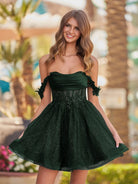 Genoveva | Dark Green - A Line Off the Shoulder Lace Corset Sequined Homecoming Dresses - KissProm