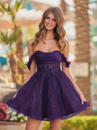 Genoveva | Purple - A Line Off the Shoulder Lace Corset Sequined Homecoming Dresses