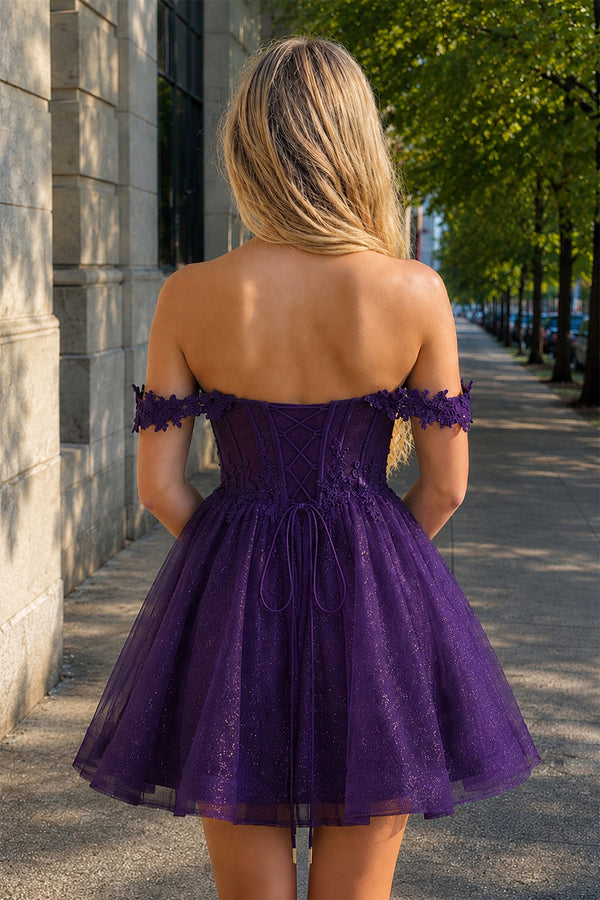 Genoveva | Purple - A Line Off the Shoulder Lace Corset Sequined Homecoming Dresses
