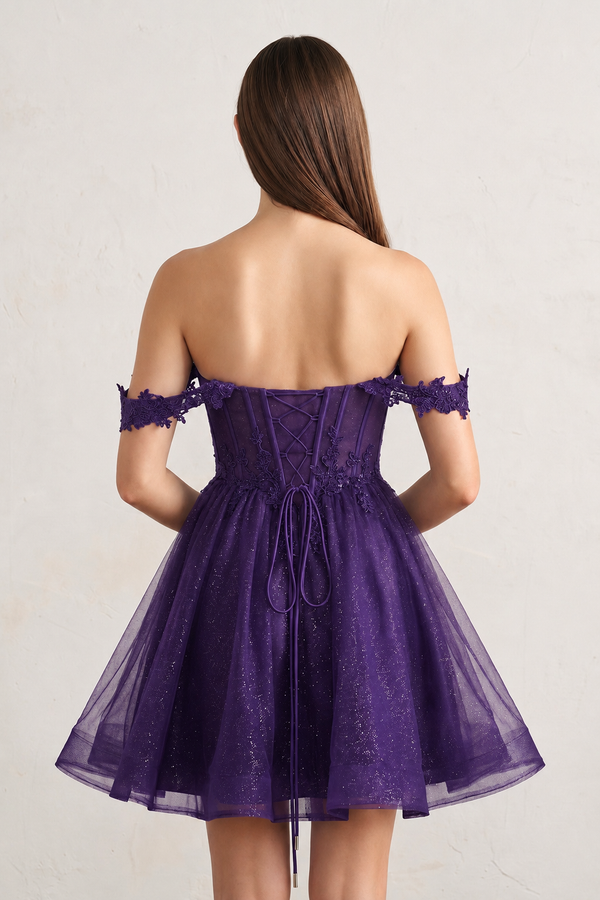 Genoveva | Purple - A Line Off the Shoulder Lace Corset Sequined Homecoming Dresses