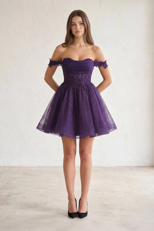 Genoveva | Purple - A Line Off the Shoulder Lace Corset Sequined Homecoming Dresses