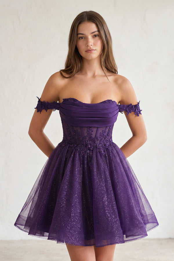 Genoveva | Purple - A Line Off the Shoulder Lace Corset Sequined Homecoming Dresses
