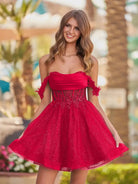 Genoveva | Red - A Line Off the Shoulder Lace Corset Sequined Homecoming Dresses