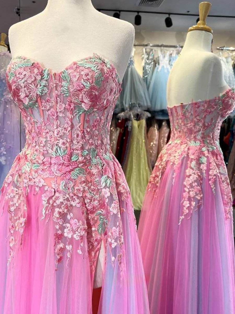 strapless open back dress A-line Sweetheart Applique Lace Long Prom Dress with Slit main image 1
