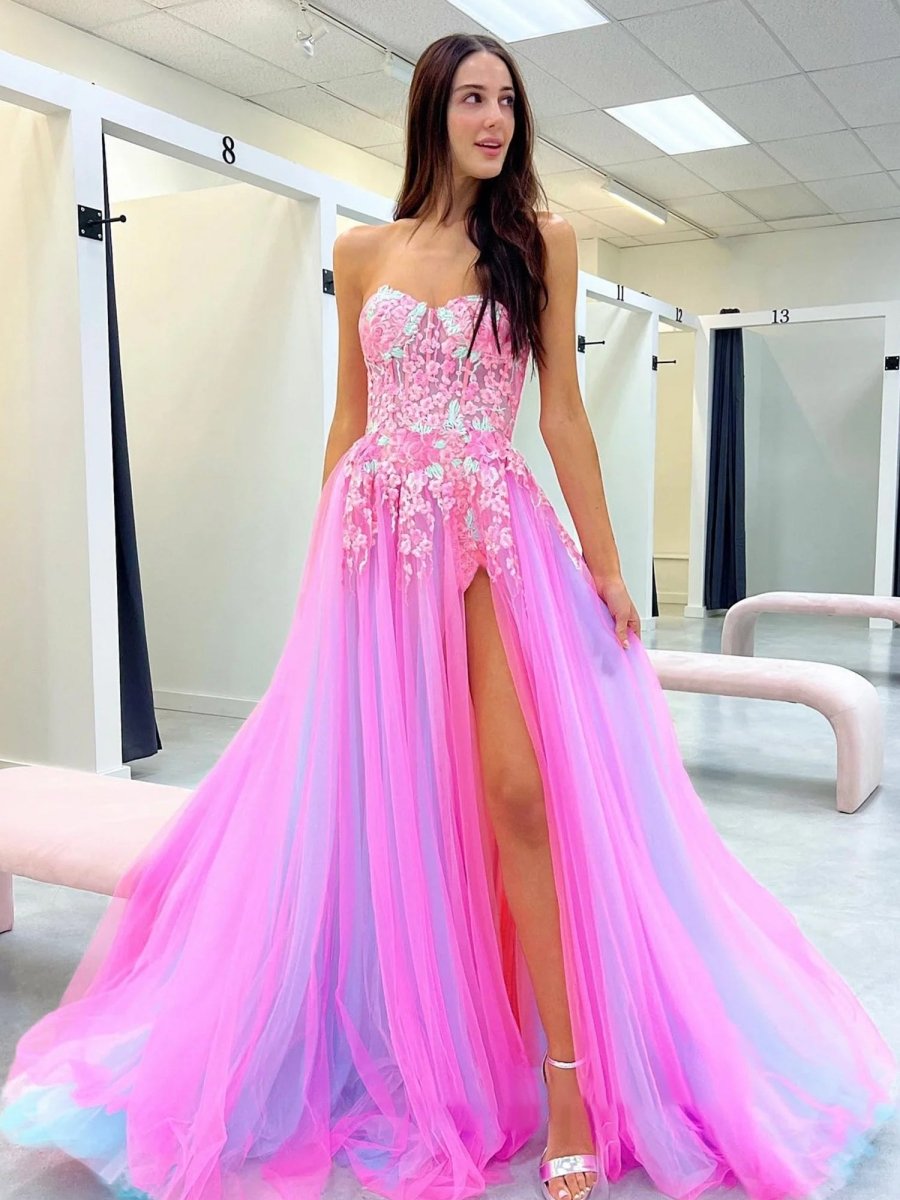 A-line Sweetheart Applique Lace Long Prom Dress with Slit, Hot Pink / 12 A-line Sweetheart Applique Lace Long Prom Dress with Slit, Hot Pink / 12