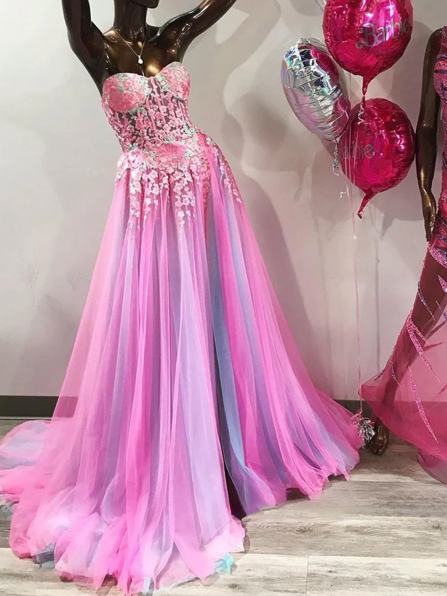 A-line Sweetheart Applique Lace Long Prom Dress with Slit