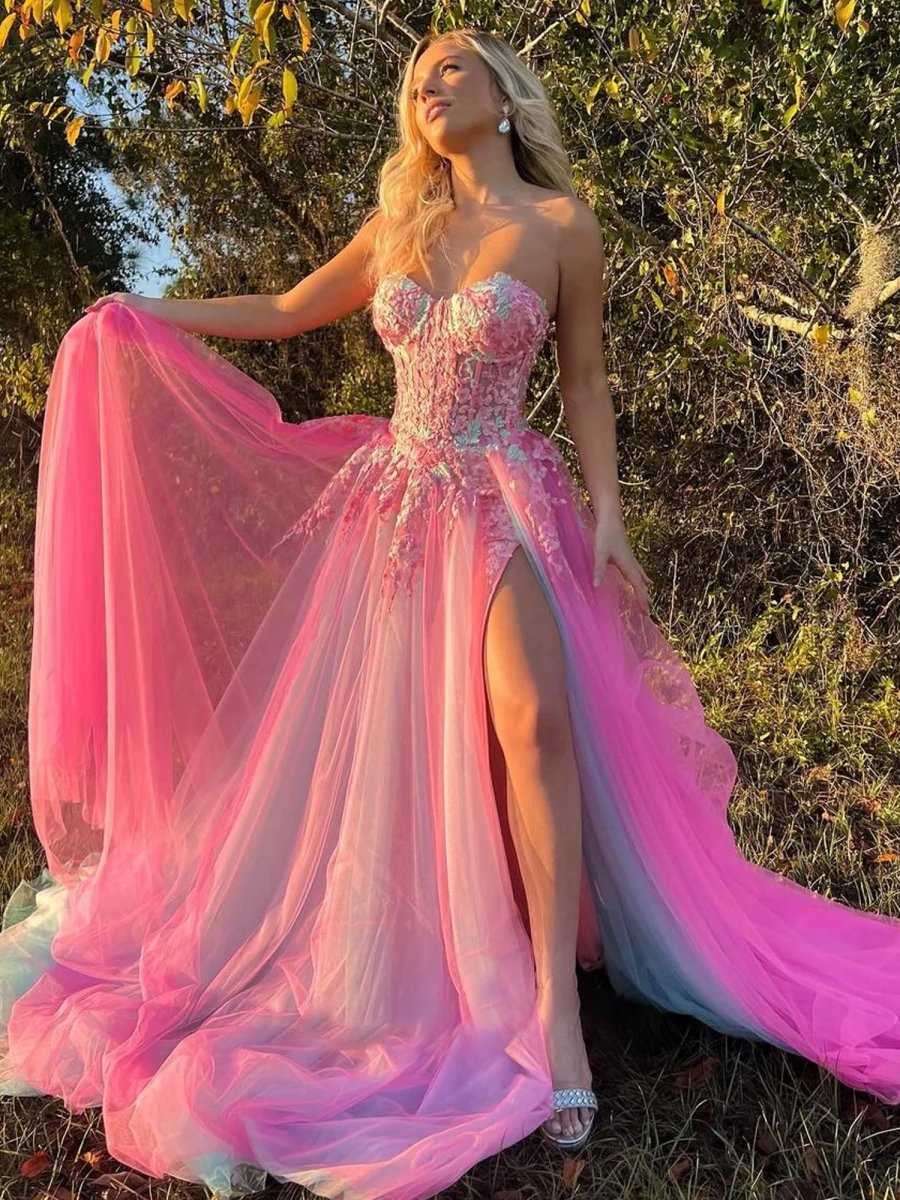 A-line Sweetheart Applique Lace Long Prom Dress with Slit, Hot Pink / 12 A-line Sweetheart Applique Lace Long Prom Dress with Slit, Hot Pink / 12