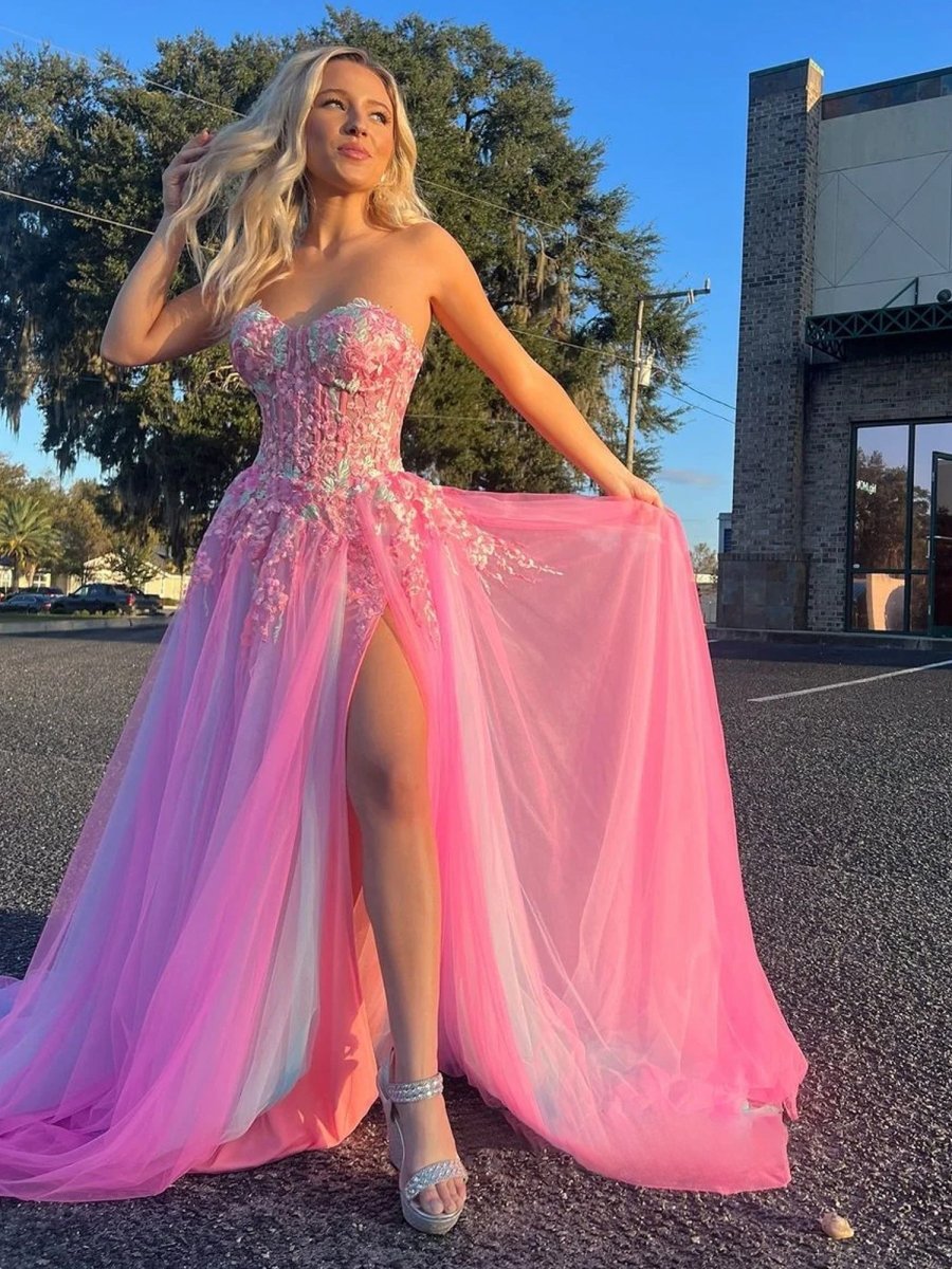 KissProm A-line Sweetheart Applique Lace Long Prom Dress with Slit, Hot Pink / 12