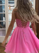 Geranium | Fuchsia - Strapless Chiffon A Line Short Homecoming Dresses With Appliques