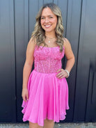 Geranium | Fuchsia - Strapless Chiffon A Line Short Homecoming Dresses With Appliques